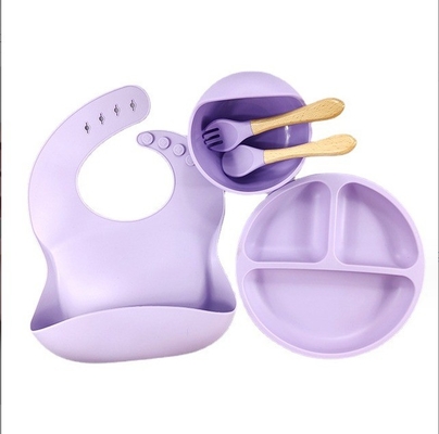 5 Stück umweltfreundliches Baby-Fütterungs-Set Silikon-Saugschalen Platten Löffel Gabel Bib für Kleinkinder