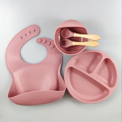 5 Stück umweltfreundliches Baby-Fütterungs-Set Silikon-Saugschalen Platten Löffel Gabel Bib für Kleinkinder